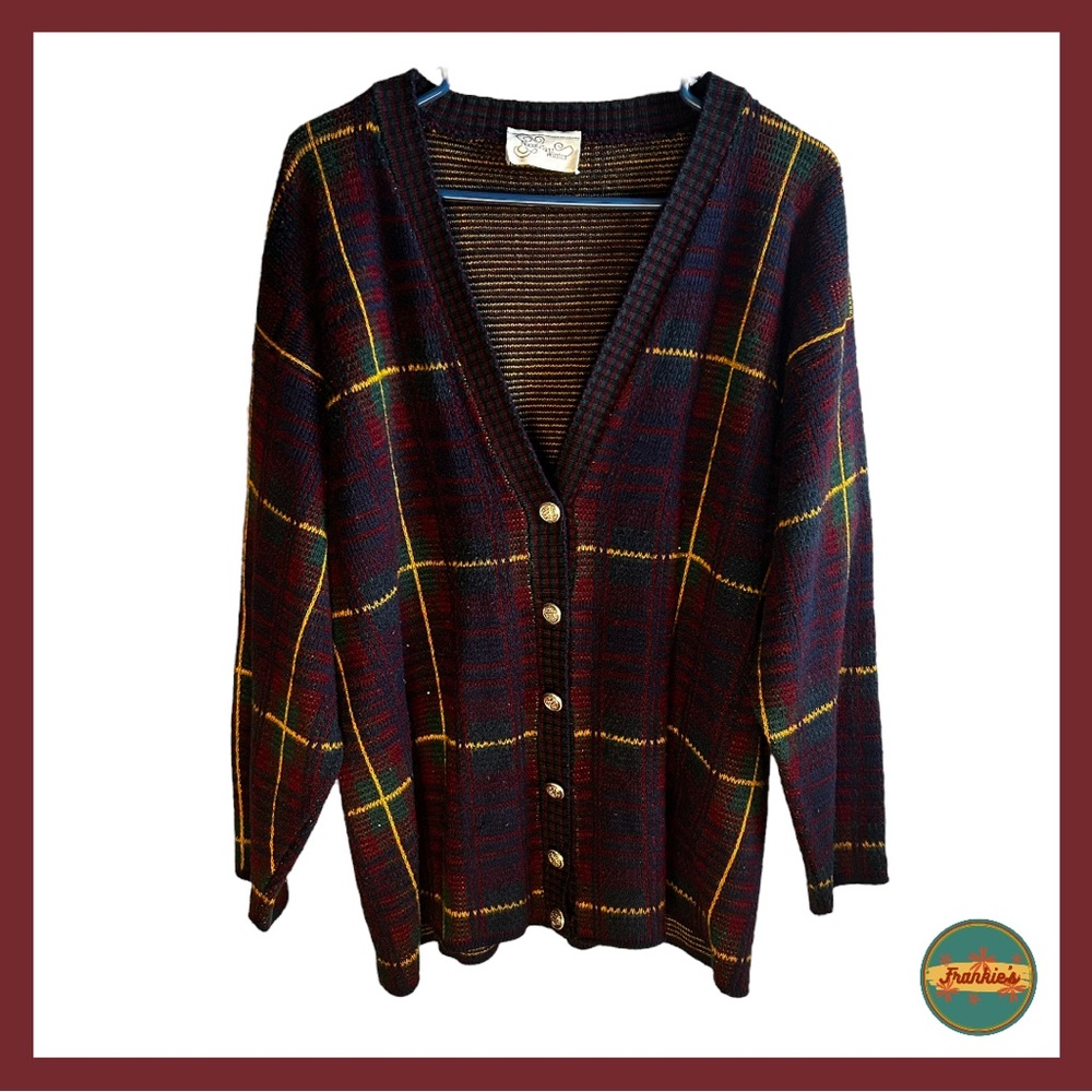 Nicole Winter - Vintage Plaid Patterned Button Down Cardigan with Gold Buttons